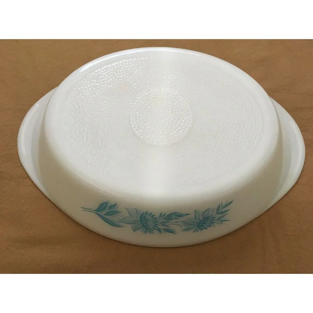 Glasbake Divided Baking Dish Serving Bowl Aqua Blue Thistle Jeanette Milk Glass